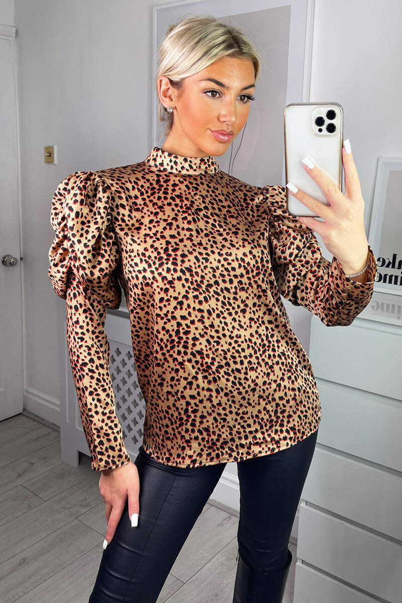 Multi Animal Print High Neck Puff Sleeve Blouse - Swimclubus