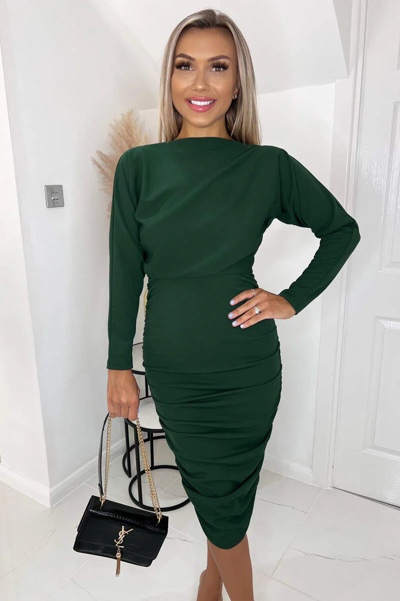 Forest Wide Neck Ruched Bodycon Dress - Swimclubus