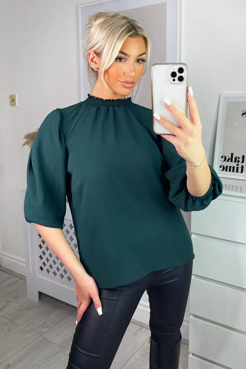 Teal Elasticated Neck Puff Sleeve Blouse - Swimclubus