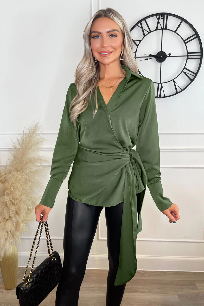 Olive Satin Tie Waist Wrap Shirt - Swimclubus