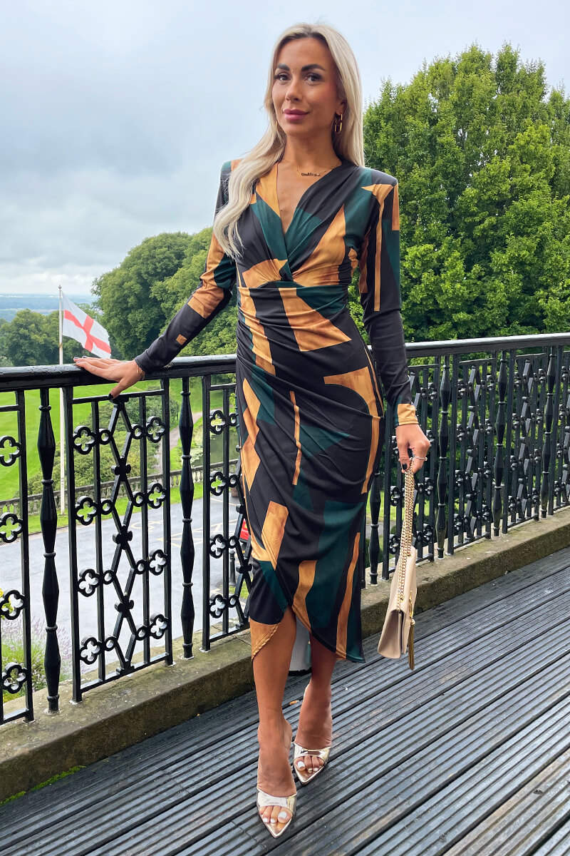 Forest Geometric Print Long Sleeve Wrap Midi Dress - Swimclubus