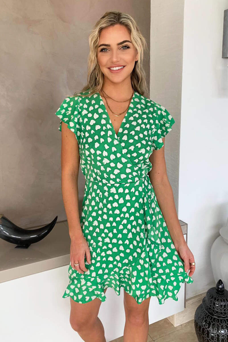 Green Heart Print Wrap Skater Dress - Swimclubus