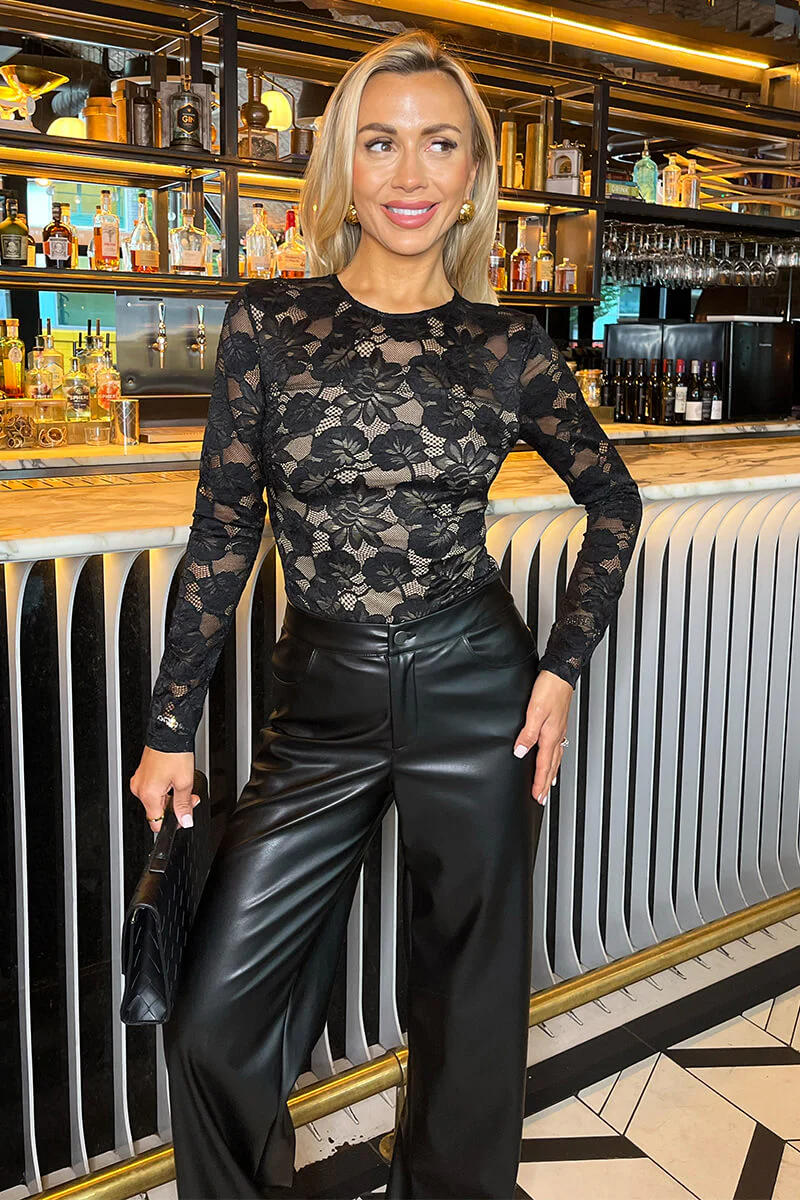 Black Contrast Lace Overlay Long Sleeve Bodysuit - Swimclubus