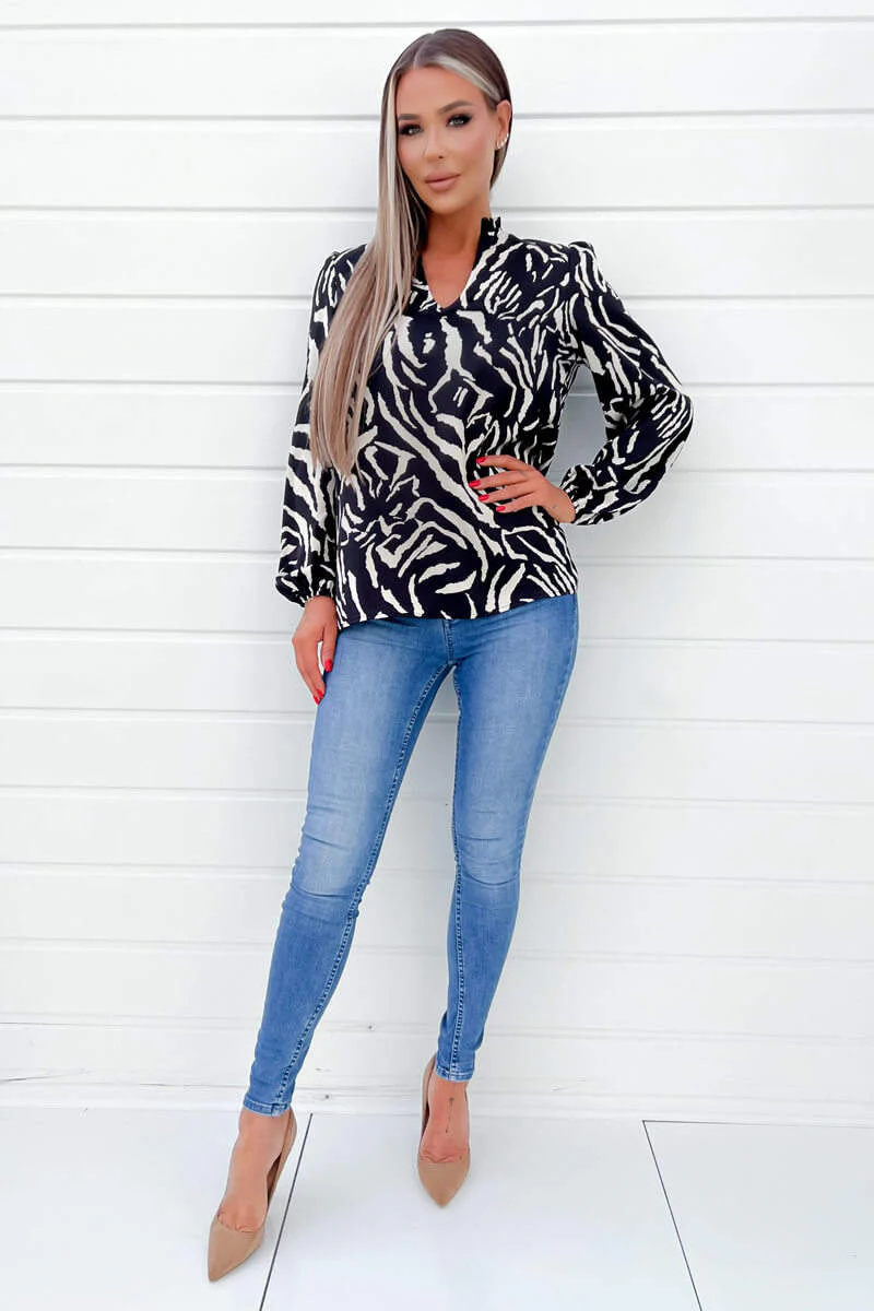 Black Animal Print Ruffle Neck Long Sleeve Top - Swimclubus