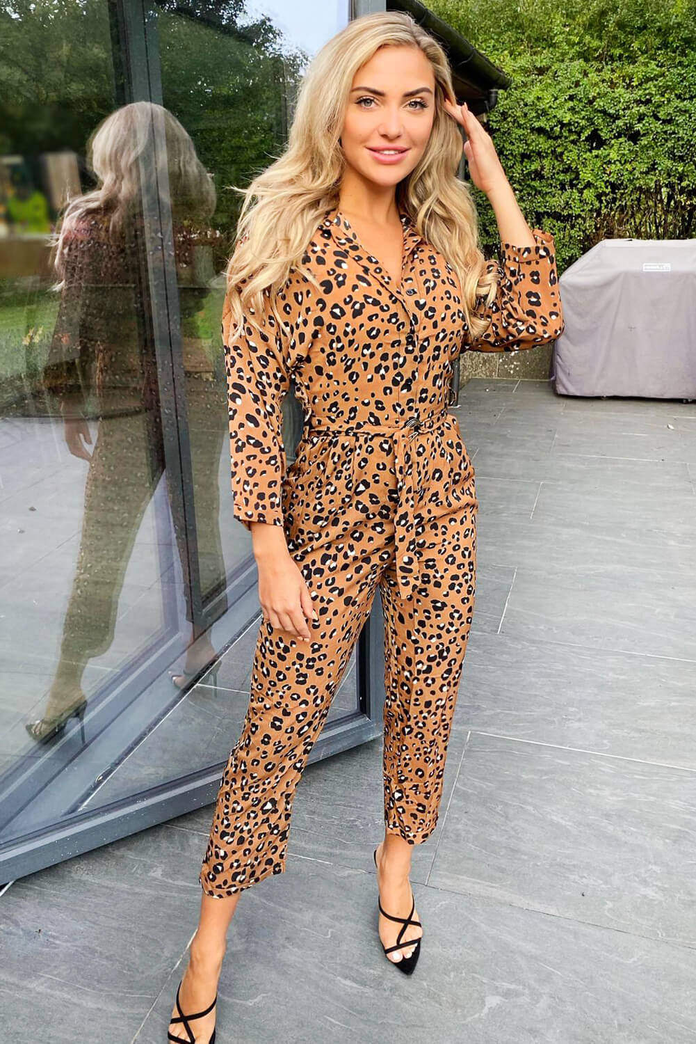 Camel Printed Button Up Tie Waist Jumpsuit - Swimclubus