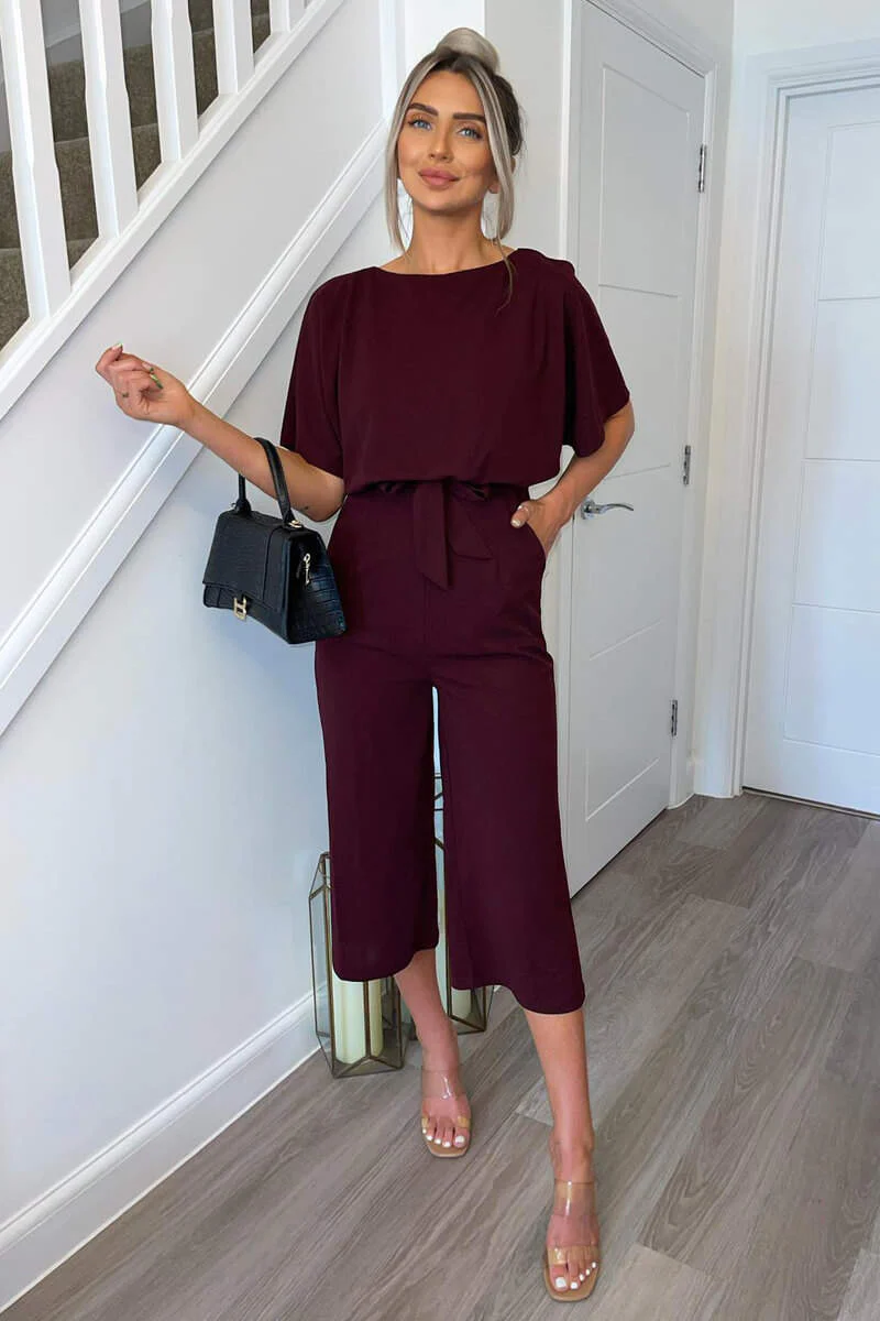 Plum Tie Waist Short Sleeve Culotte Jumpsuit - Swimclubus