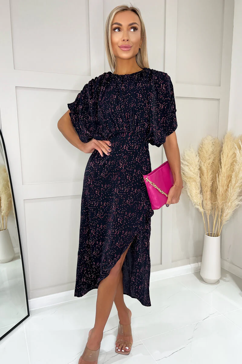 Navy And Pink Printed Wrap Skirt Midi Dress - Swimclubus