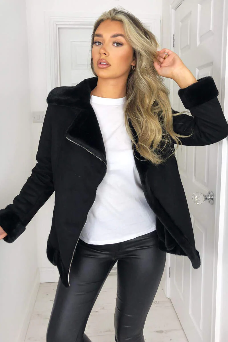 Black Faux Suede Aviator Jacket - Swimclubus
