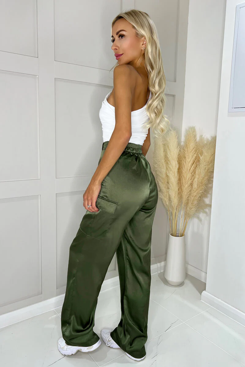 Olive Satin Straight Leg Cargo Pants - Swimclubus