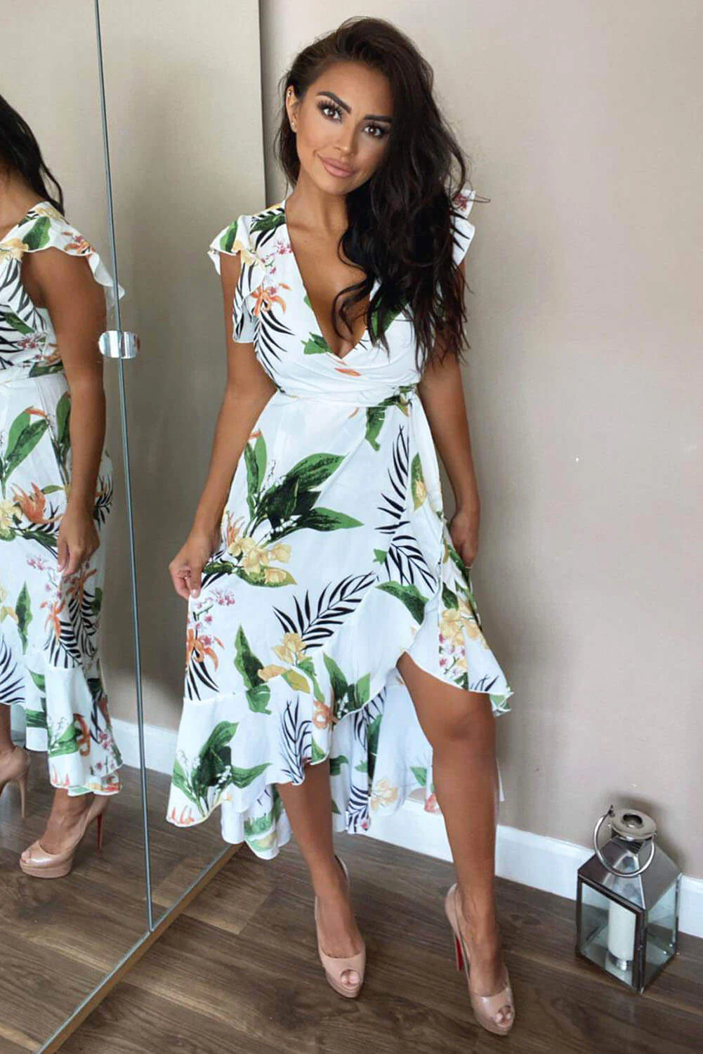 Cream Tropical Print Frill Wrap Dress With D Ring Belt - Swimclubus