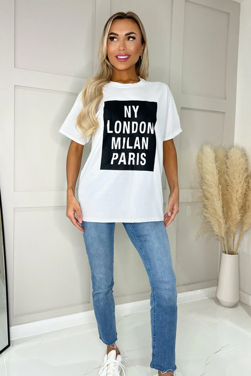 White NY London Milan Paris Slogan T-Shirt - Swimclubus