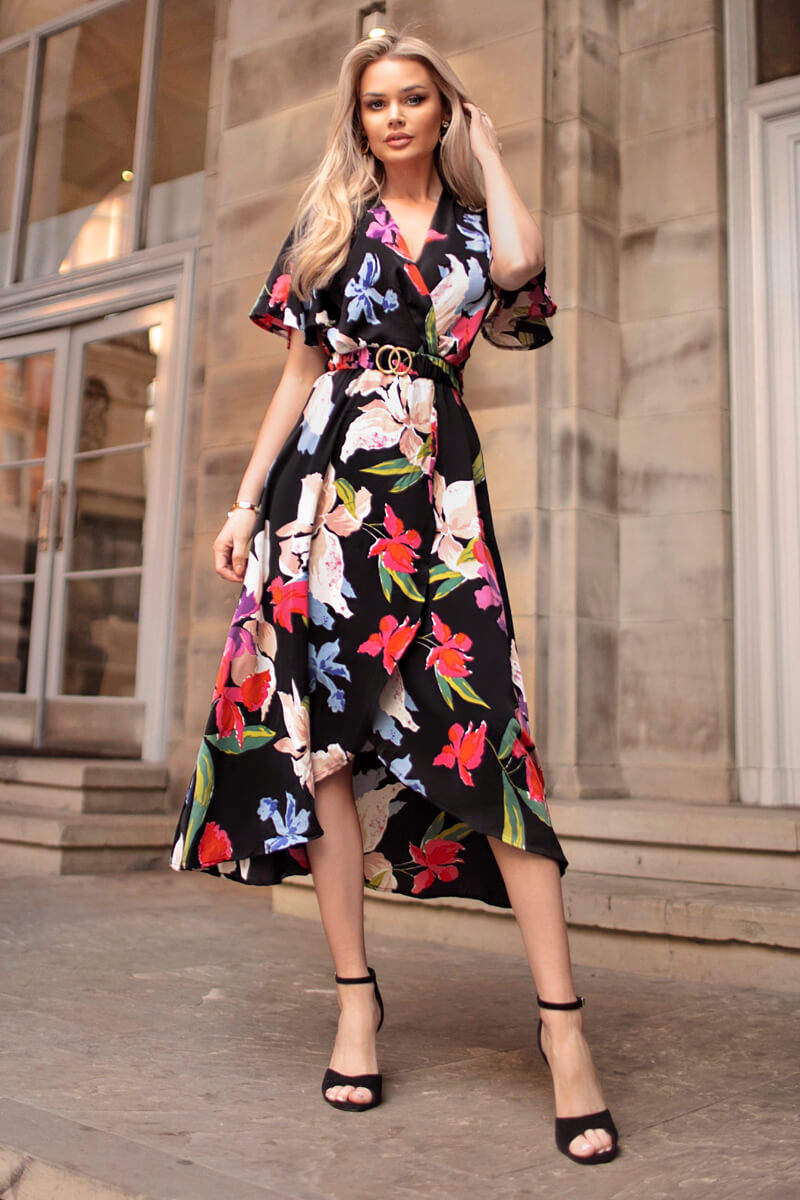Multi Floral Printed Short Sleeve Belted Wrap Midi Dress - Swimclubus