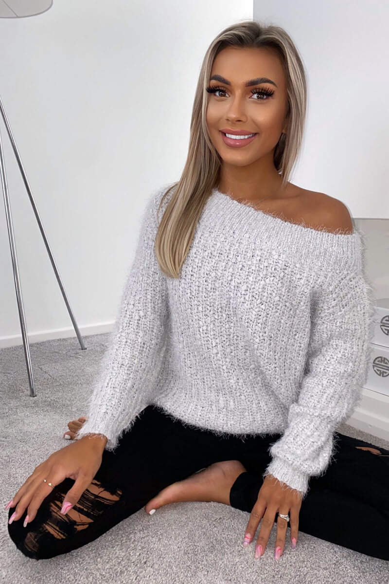 Silver Off The Shoulder Fluffy Jumper - Swimclubus