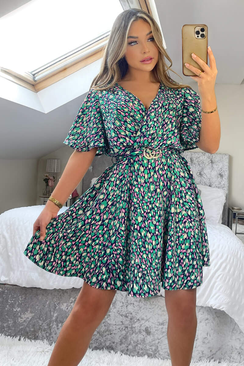 Navy And Green Printed Wrap Over Belted Skater Dress - Swimclubus