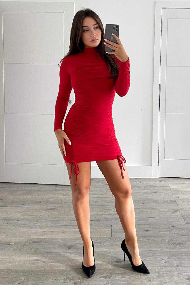 Red Double Ruched Long Sleeve Bodycon Dress - Swimclubus