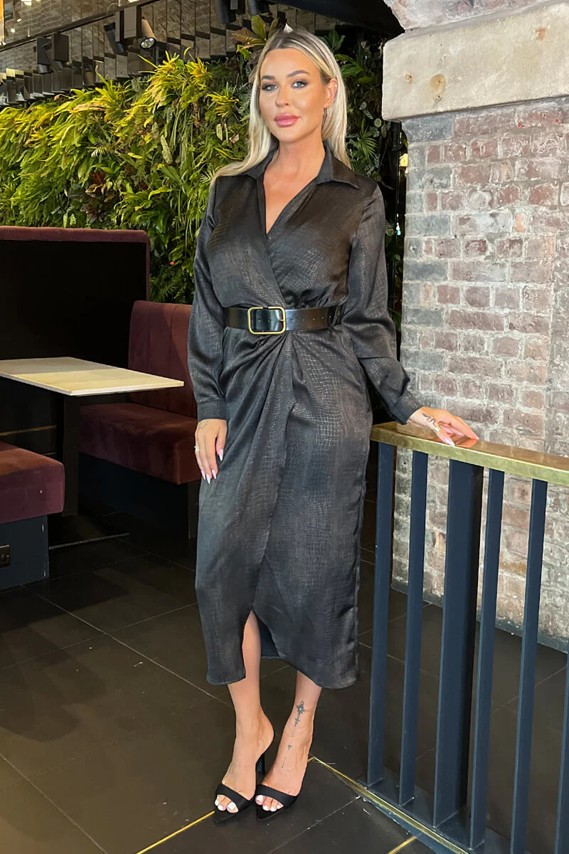Brown Croc Pattern Wrap Shirt Belted Midi Dress - Swimclubus