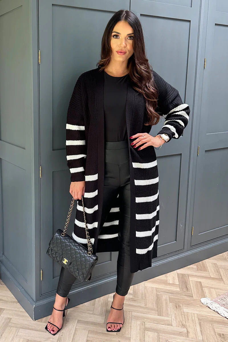 Black And Cream Stripe Knit Long Cardigan - Swimclubus