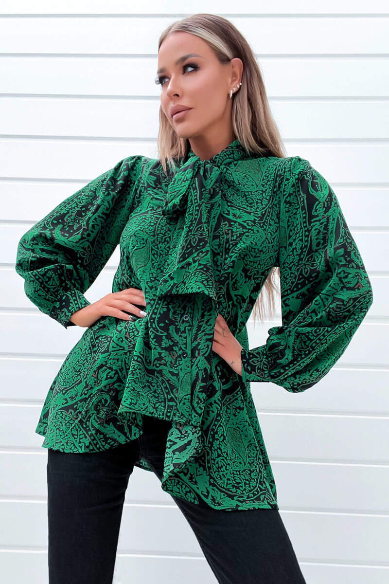 Green Printed Tie Neck Blouse - Swimclubus