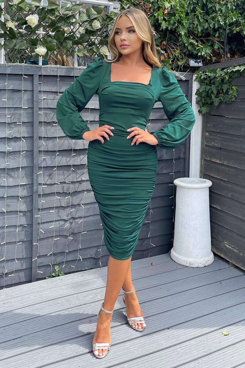 Teal Square Neck Ruched Long Sleeve Midi Dress - Swimclubus