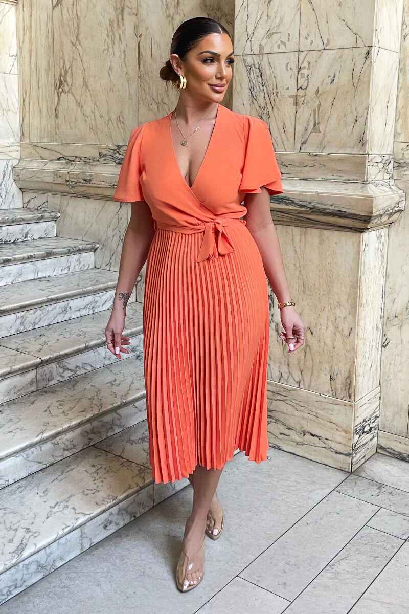 Peach Pleated Midi Dress with Tie Waist - Swimclubus