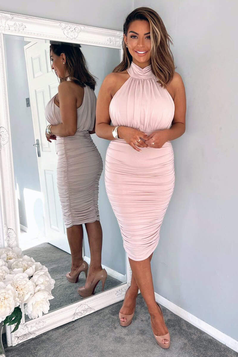 Nude Ruched High Neck Midi Dress - Swimclubus