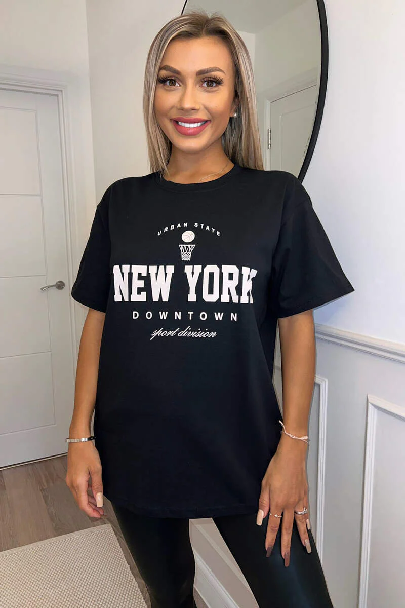 Black New York Slogan Oversized T-Shirt - Swimclubus