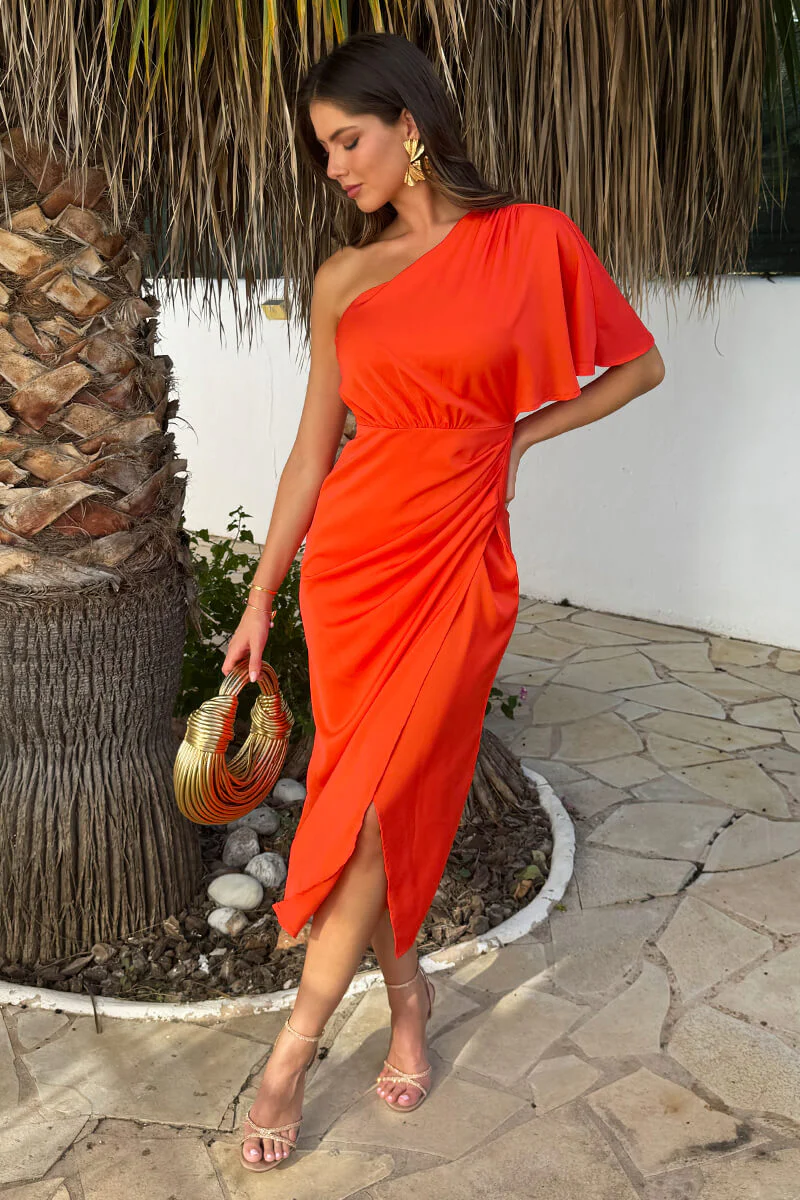 Burnt Orange One Shoulder Butterfly Sleeve Wrap Midi Dress - Swimclubus