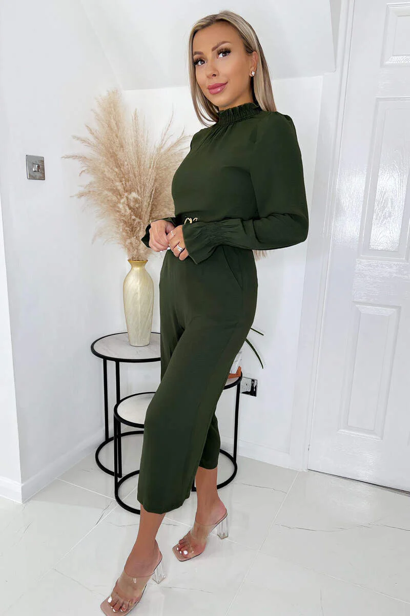 Olive High Neck Long Sleeve Belted Jumpsuit - Swimclubus
