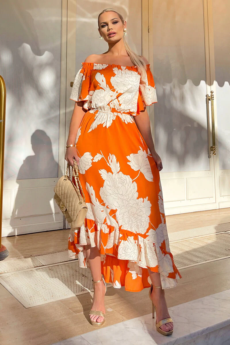 Blood Orange Printed Bardot Style Midi Dress - Swimclubus