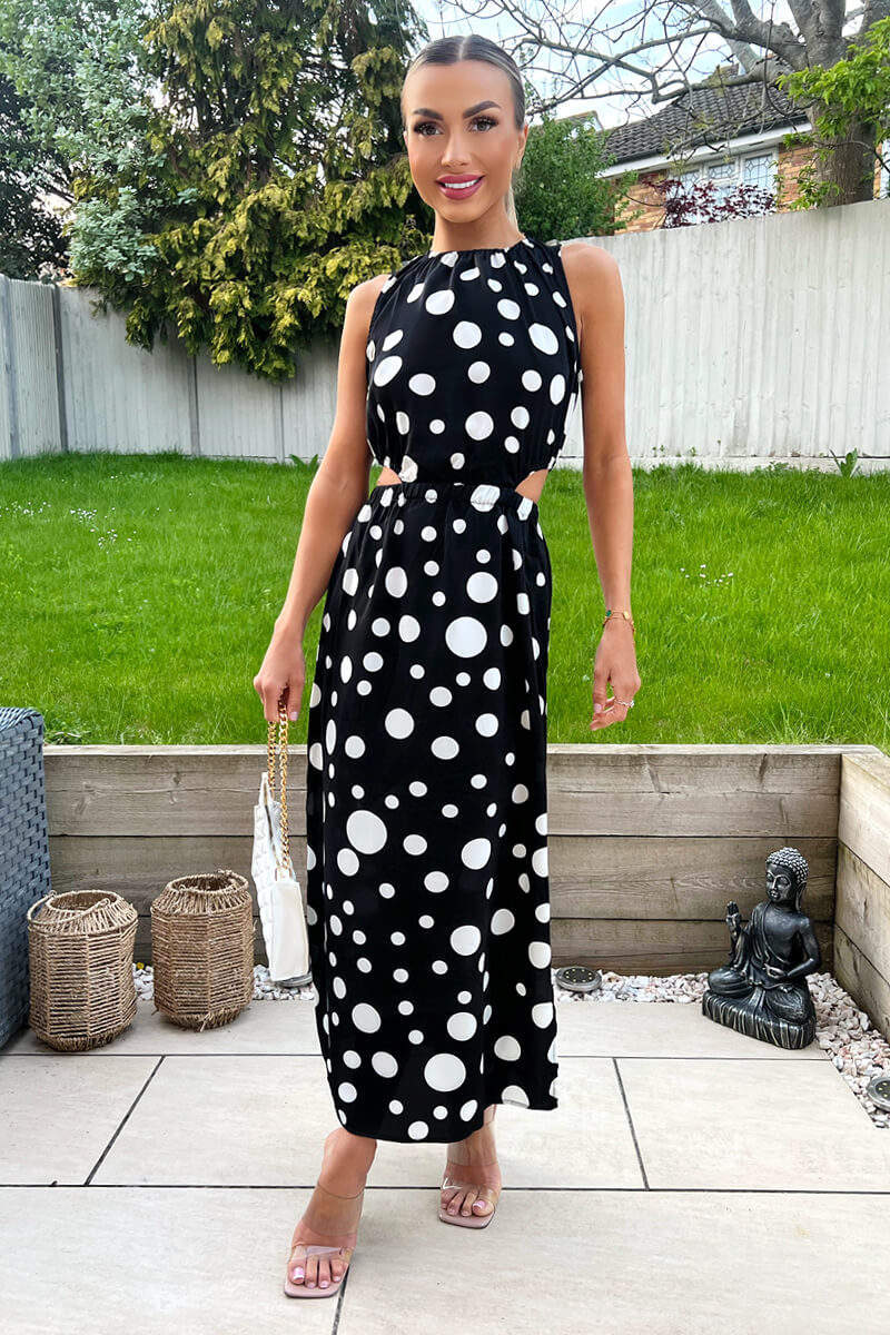 Black And White Polka Dot Cut Out Midi Dress - Swimclubus