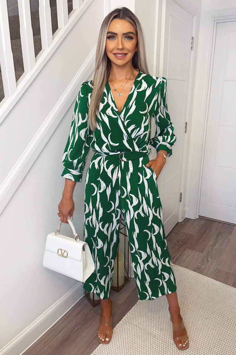 Green And White Printed Belted Jumpsuit - Swimclubus
