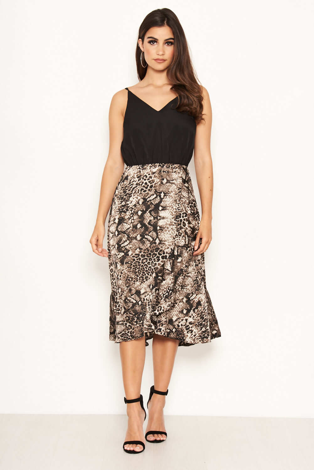 Black And Grey Animal Print 2 In 1 Frill Hem Midi Dress - Swimclubus