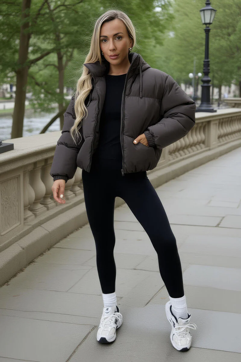 Chocolate Drawstring Hood Short Puffer Coat - Swimclubus