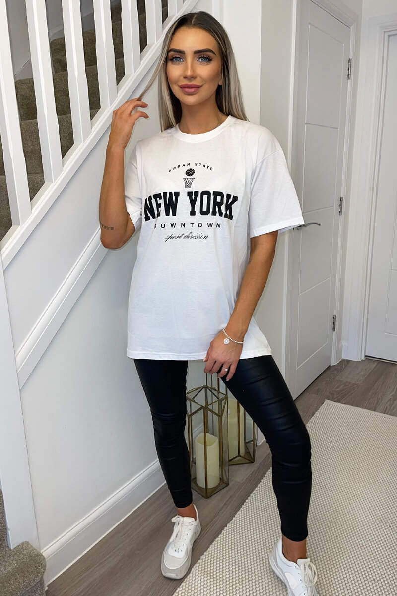 White New York Slogan Oversized T-Shirt - Swimclubus