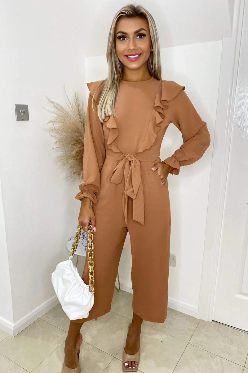 Mocha Frill Front Long Sleeve Jumpsuit - Swimclubus