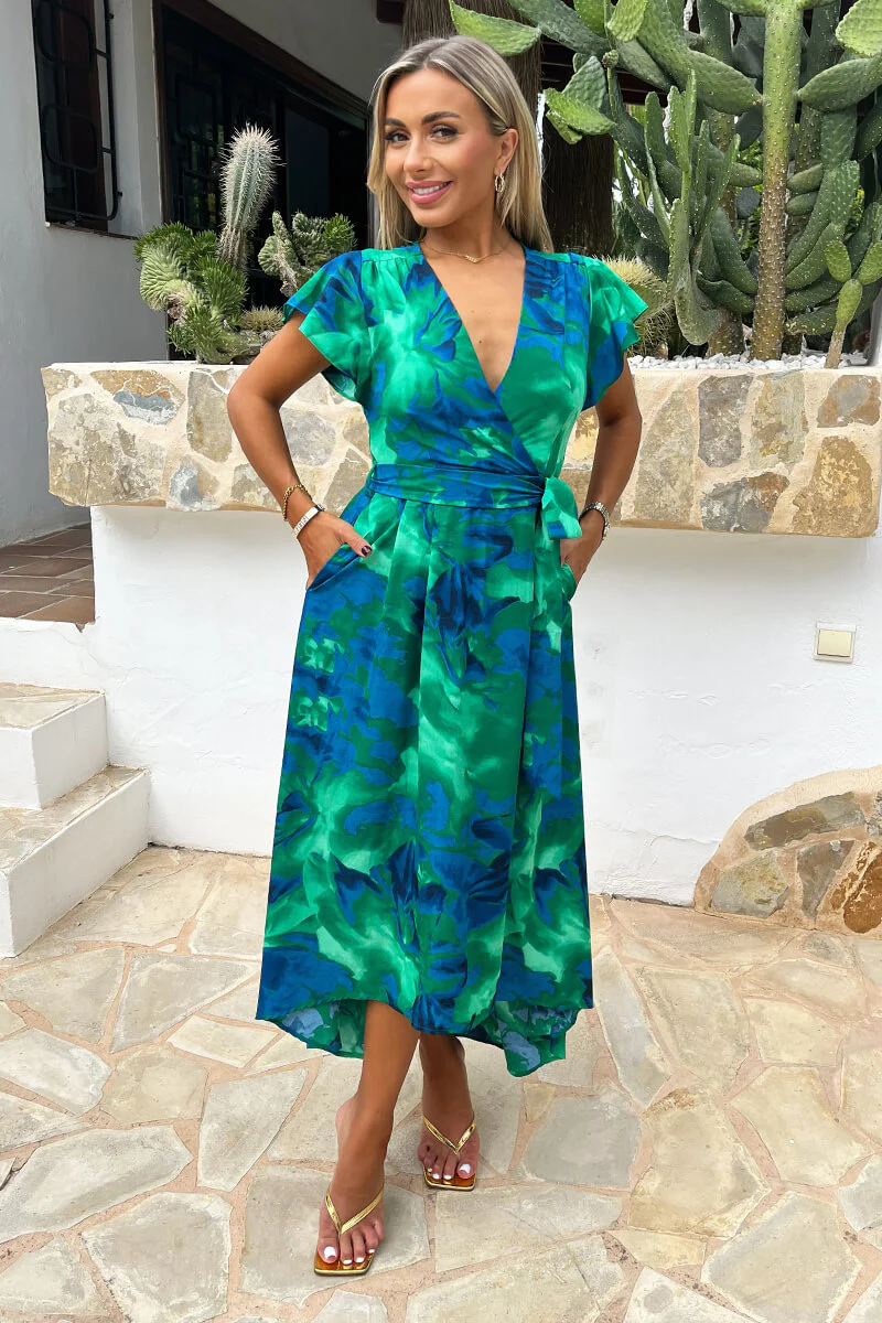 Green And Blue Abstract Print Short Sleeve Belted Wrap Midi Dress - Swimclubus