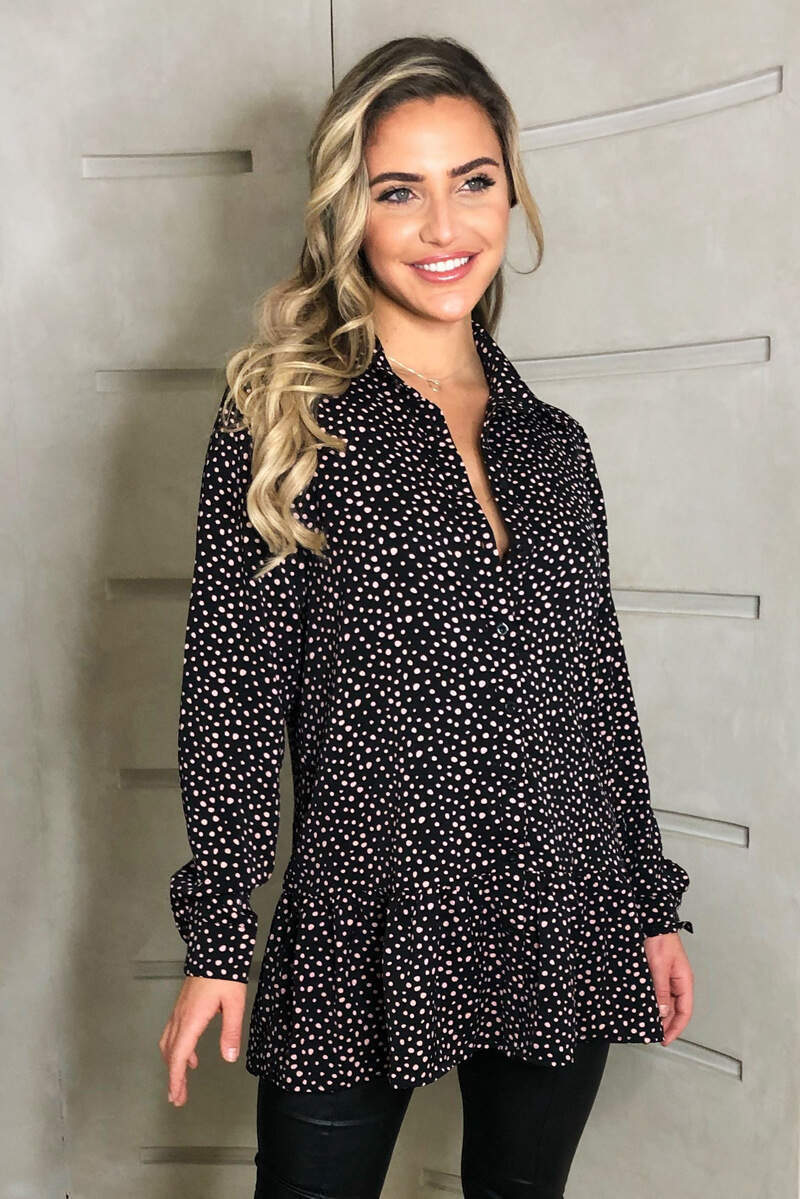 Black Spotty Frill Hem Shirt Dress - Swimclubus