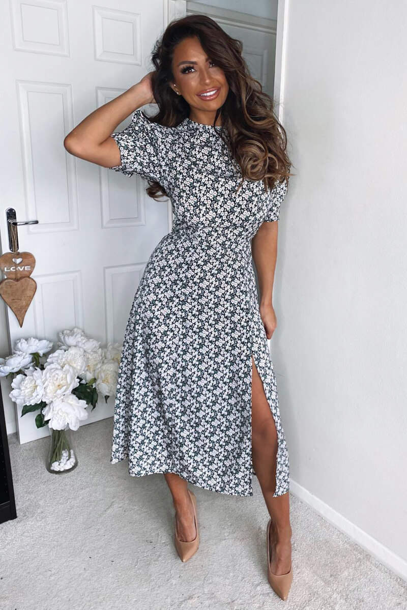 Cream Daisy Print Pleat Sleeve Midi Dress - Swimclubus