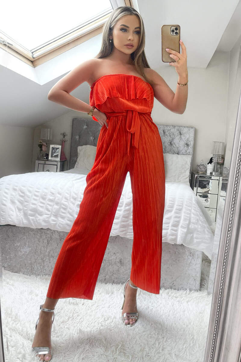 Orange Plisse Bardot Jumpsuit - Swimclubus