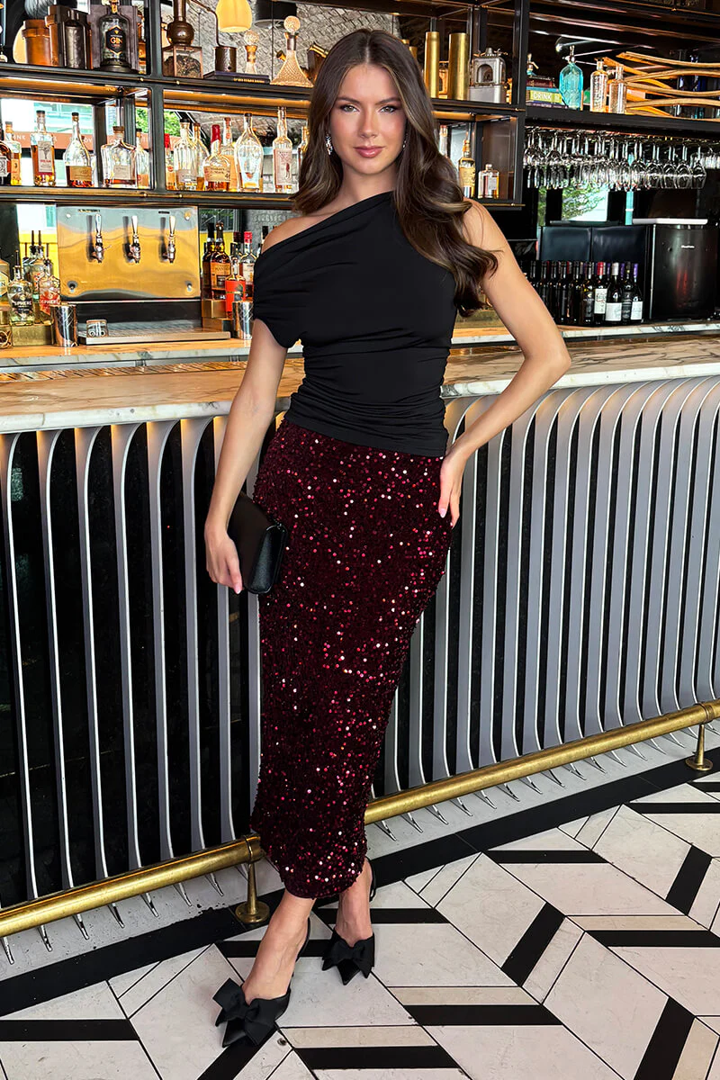 Wine Velvet Sequin Midi Skirt - Swimclubus