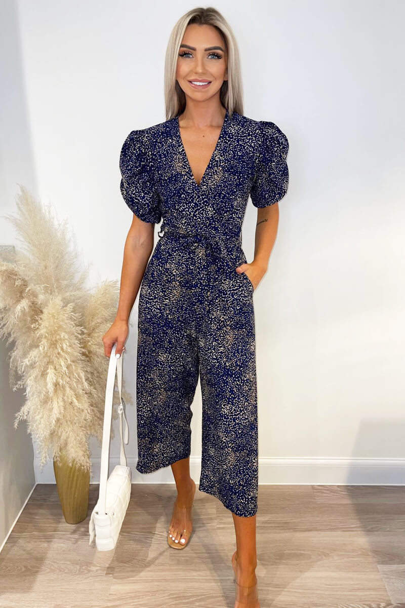 Navy Printed Puff Wrap Over Jumpsuit - Swimclubus