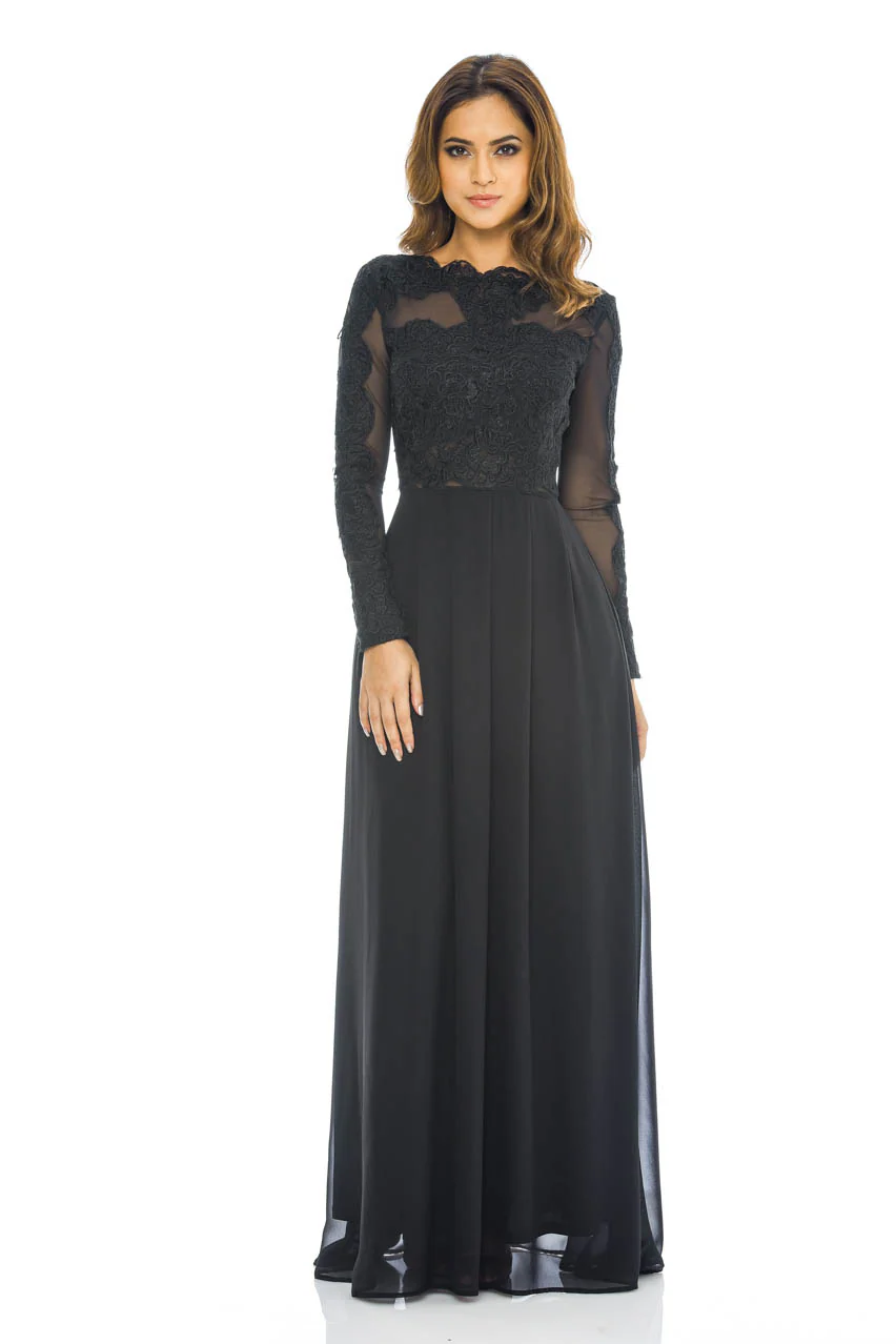 Black Long  Sleeved   Lace  Maxi Dress - Swimclubus