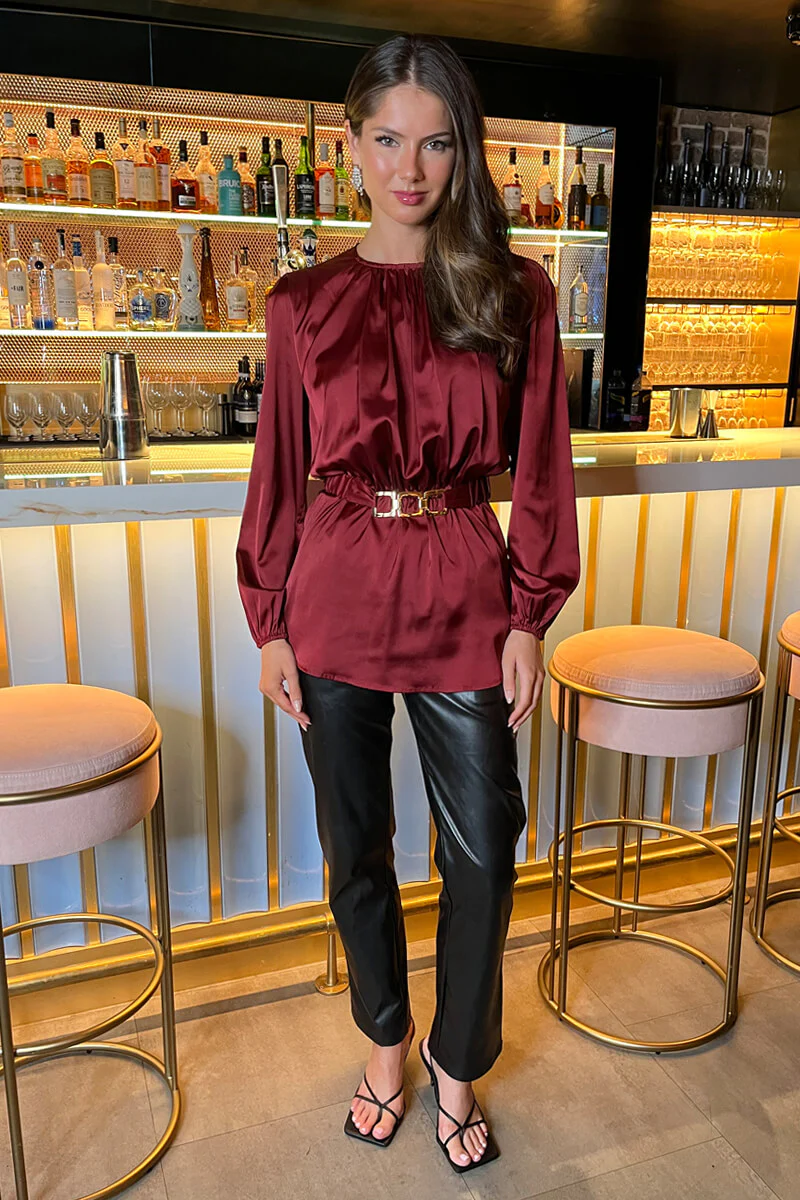 Wine Satin Long Sleeve Gold Detail Belt Top - Swimclubus