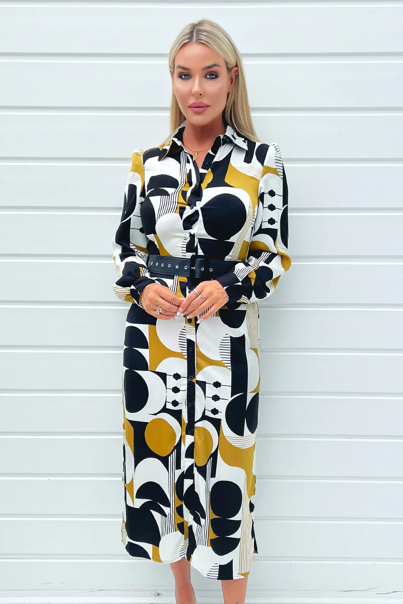Multi Geometric Print Button Front Belted Shirt Midi Dress - Swimclubus