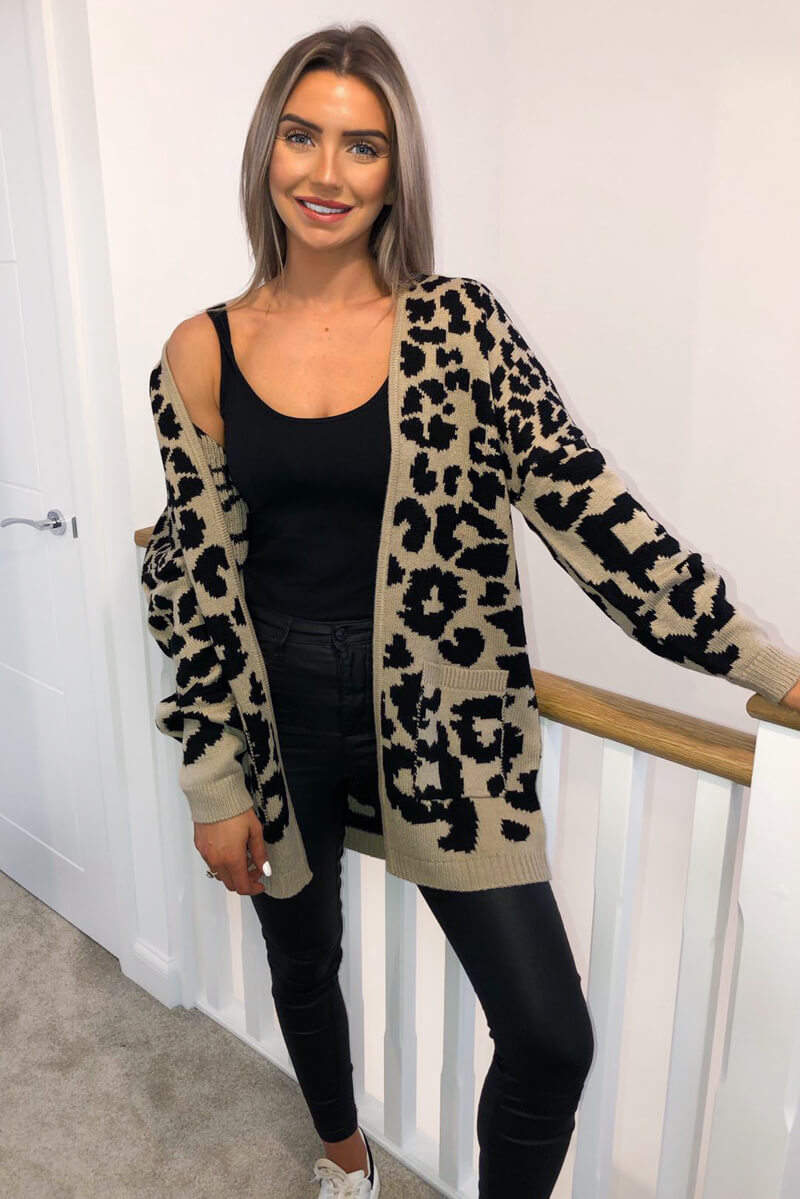 Camel Animal Printed Knitted Cardigan - Swimclubus