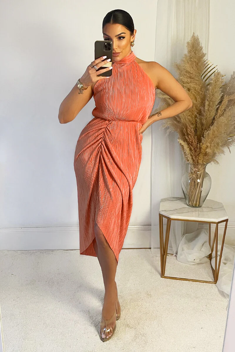 Peach Halter Neck Plisse Gathered Midi Dress - Swimclubus