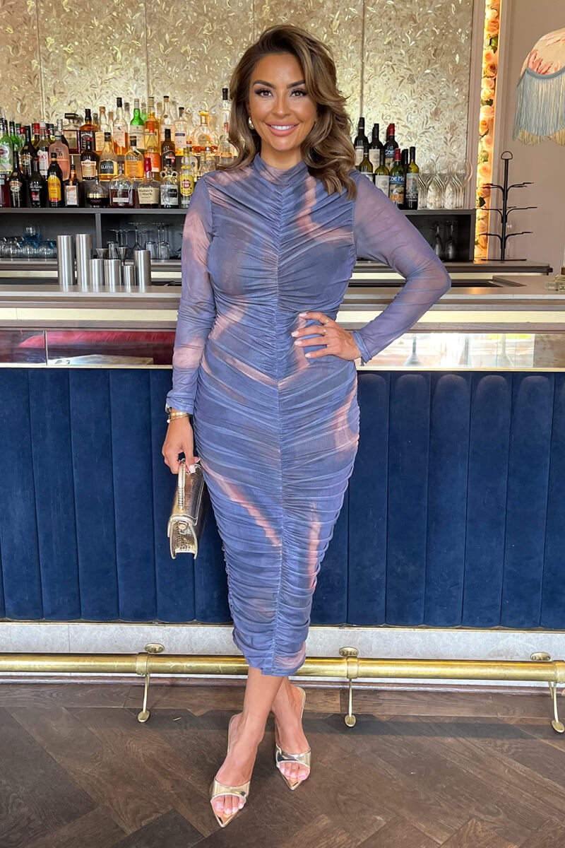Purple Tie Dye Print High Neck Long Sleeve Ruched Midi Dress - Swimclubus