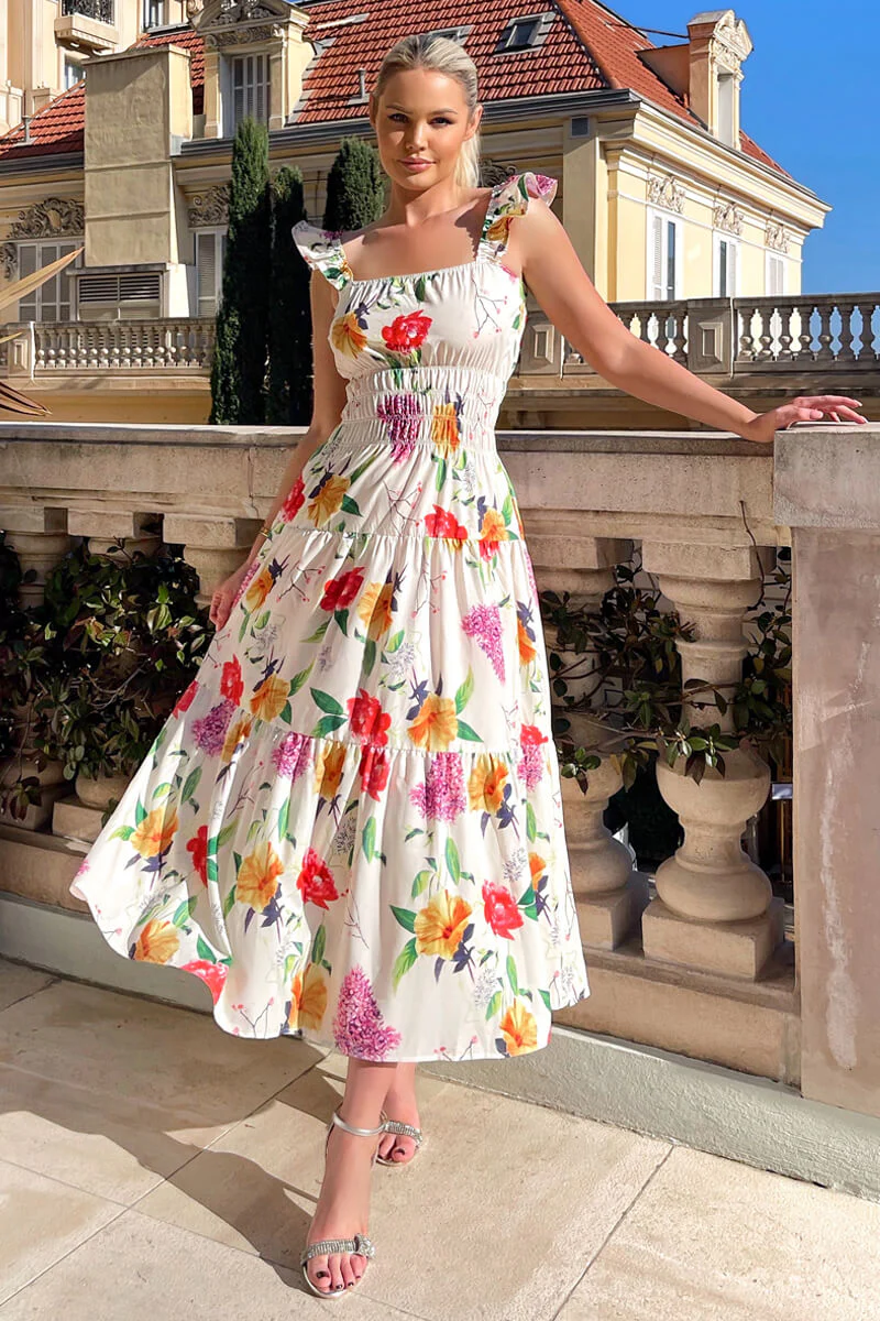 Cream Floral Printed Frill Strap Midi Dress - Swimclubus