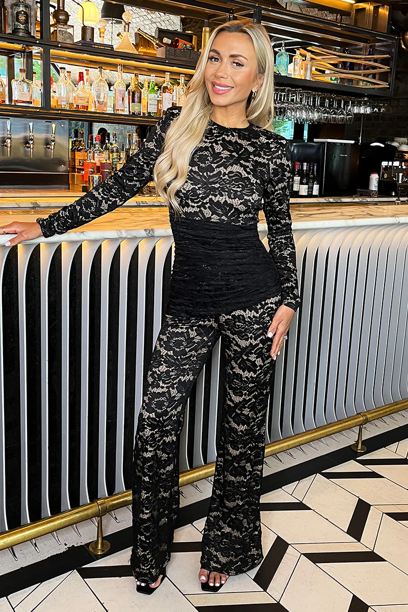 Black Lace Contrast Draped Waist Jumpsuit - Swimclubus