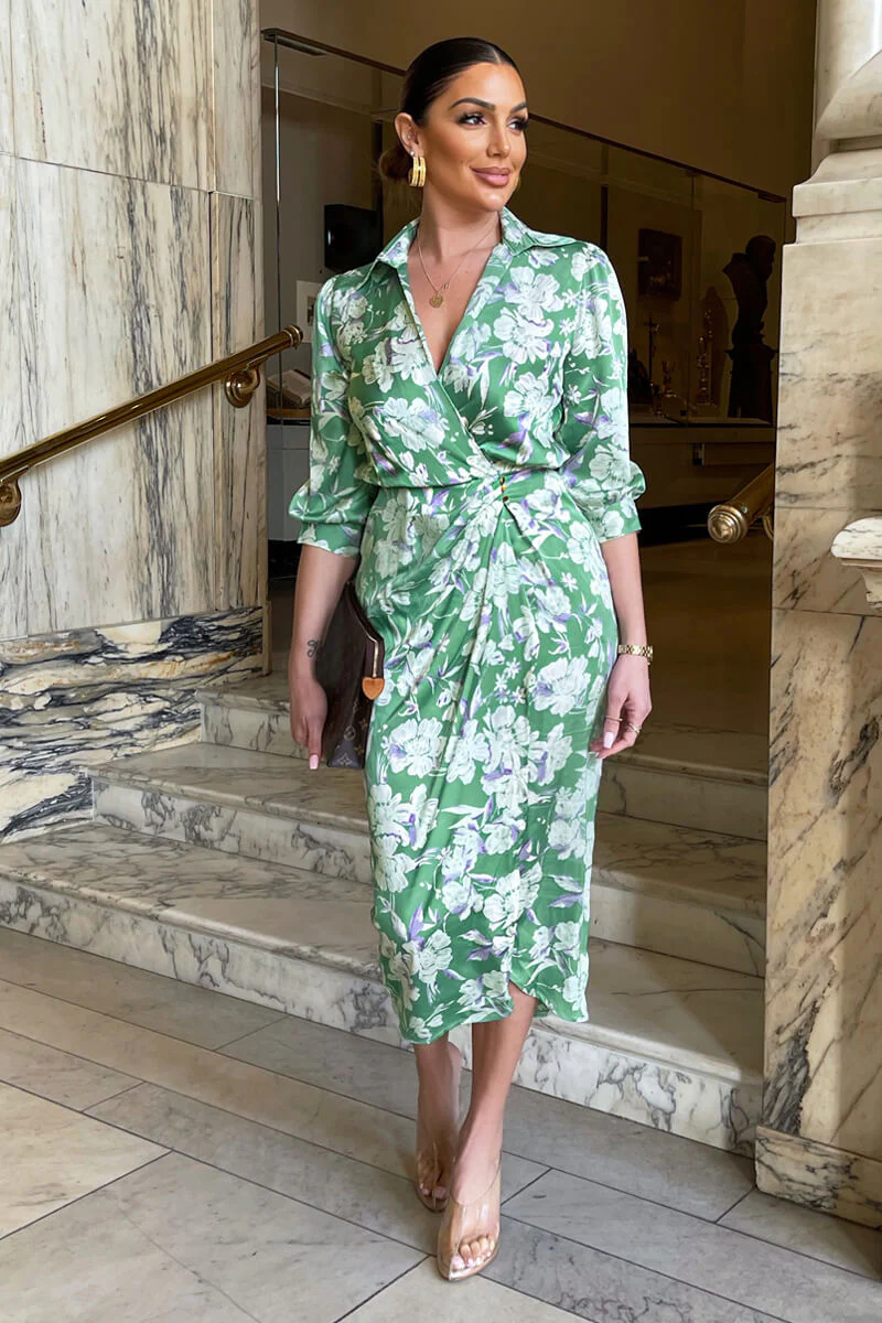 Green Floral Wrap Shirt Midi Dress - Swimclubus